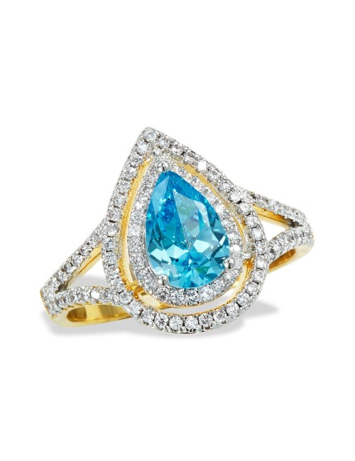 SAVVY CIE JEWELS Bague en saphir créé par le laboratoire bleu laguna plaqué or 18 carats CZ Halo Poire