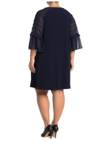 Nina Leonard Robe en mousseline raglan à col bijou et manches 3/4