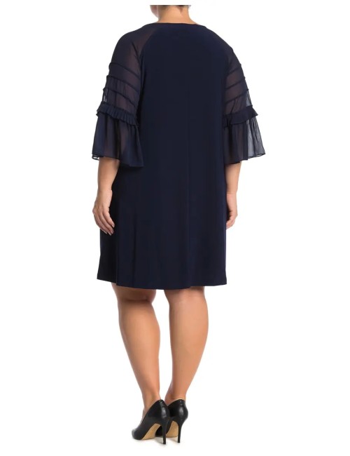 Nina Leonard Robe en mousseline raglan à col bijou et manches 3/4